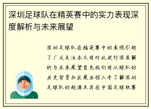 深圳足球队在精英赛中的实力表现深度解析与未来展望